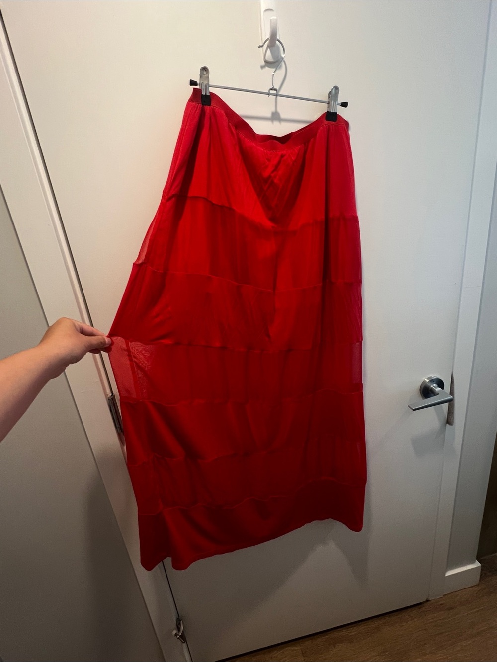 Red Tiered Mesh Maxi Skirt - Women's Flowing Skirt with liners - Picture 2 of 6